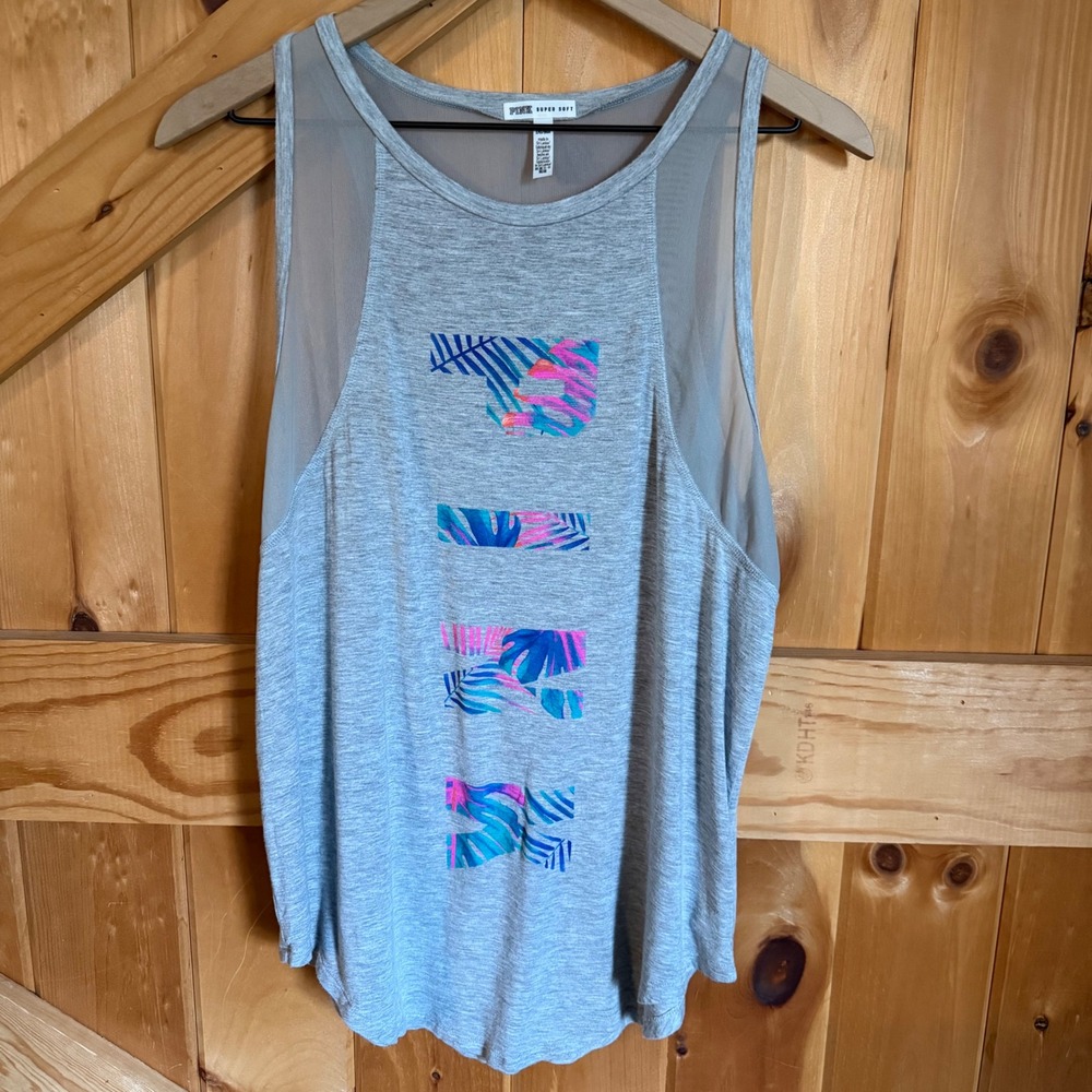 PINK Tank Top Grey Tropical Mesh Super Soft Graphic Women Medium